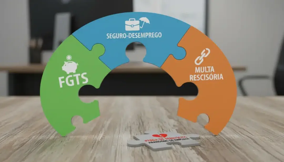 Ilustração de benefícios trabalhistas brasileiros (FGTS, Seguro-Desemprego) com uma peça faltando, representando a perda por abandono de emprego.