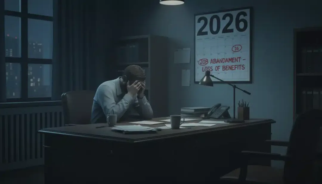 Pessoa preocupada em um escritório, com um calendário de 2026, simbolizando os riscos do abandono de emprego e perda de benefícios.