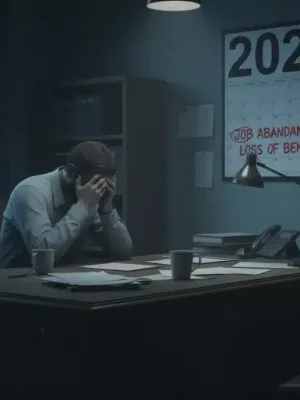 Pessoa preocupada em um escritório, com um calendário de 2026, simbolizando os riscos do abandono de emprego e perda de benefícios.