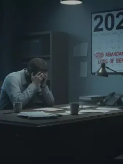 Pessoa preocupada em um escritório, com um calendário de 2026, simbolizando os riscos do abandono de emprego e perda de benefícios.