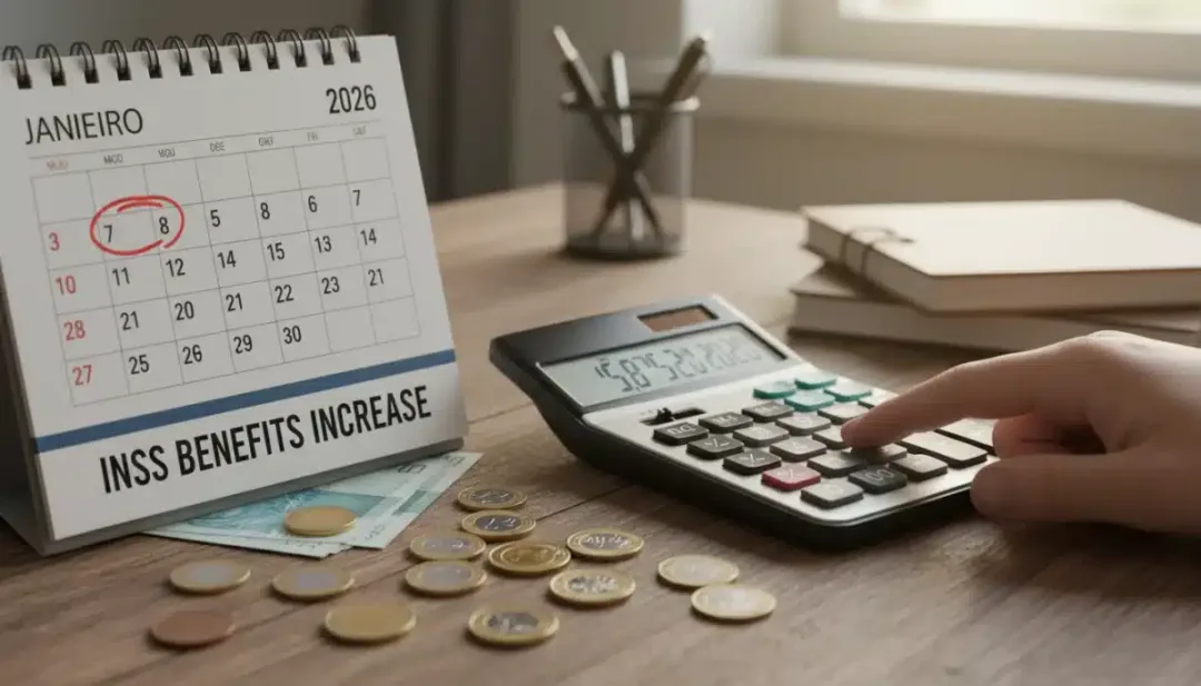 Calculadora e calendário de 2026 simbolizando o cálculo do aumento do piso do INSS.