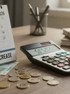 Calculadora e calendário de 2026 simbolizando o cálculo do aumento do piso do INSS.