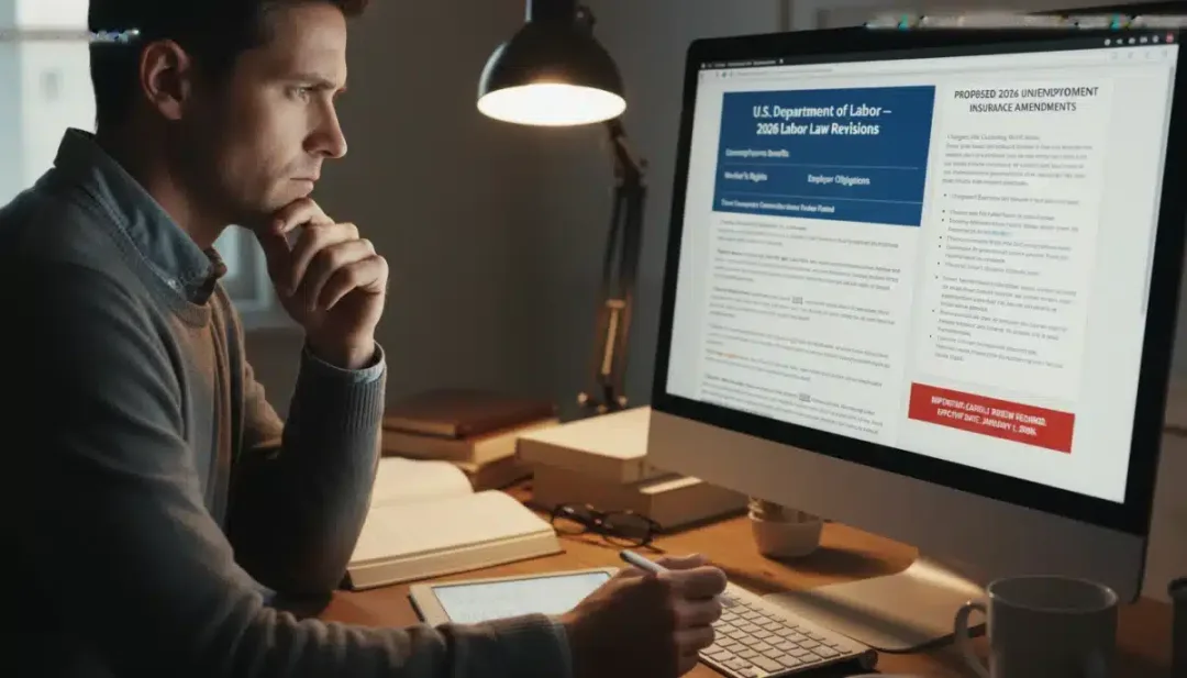 Pessoa analisando informações sobre legislação trabalhista e seguro-desemprego em um computador, representando a importância de se informar sobre as regras de 2026.