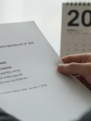 Mãos segurando um documento sobre seguro-desemprego com um calendário de 2026 ao fundo, simbolizando as novas regras e o planejamento necessário.