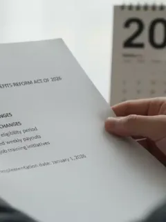 Mãos segurando um documento sobre seguro-desemprego com um calendário de 2026 ao fundo, simbolizando as novas regras e o planejamento necessário.