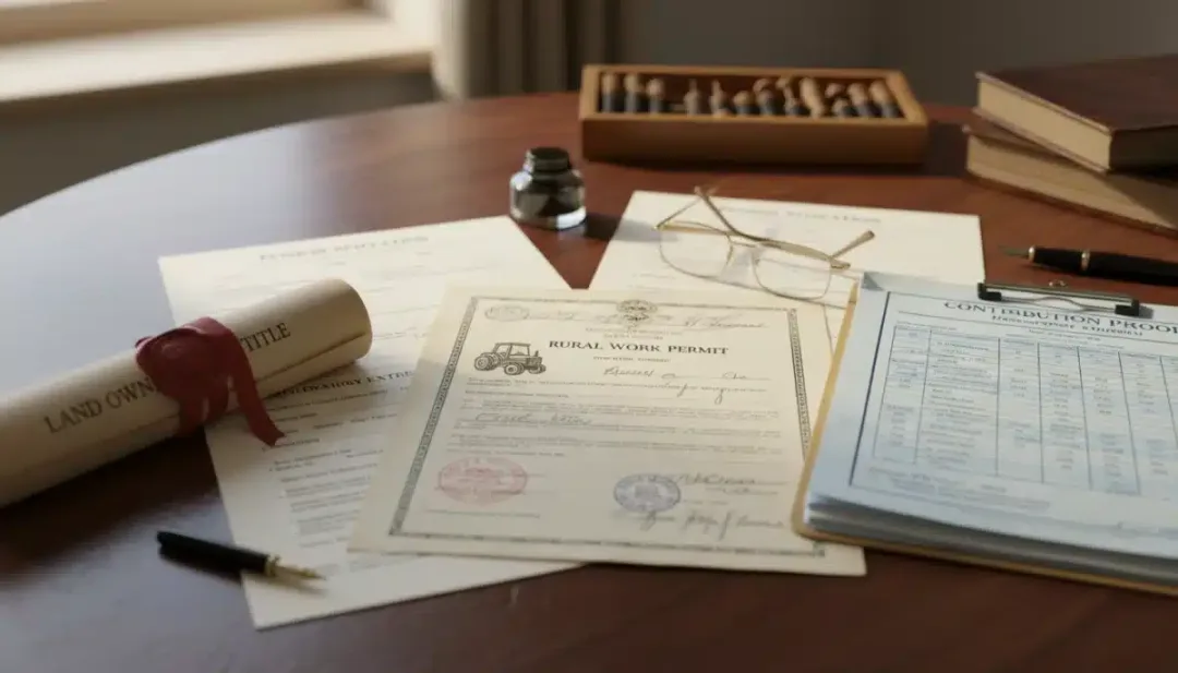 Documentos organizados para comprovação de atividade rural e aposentadoria.