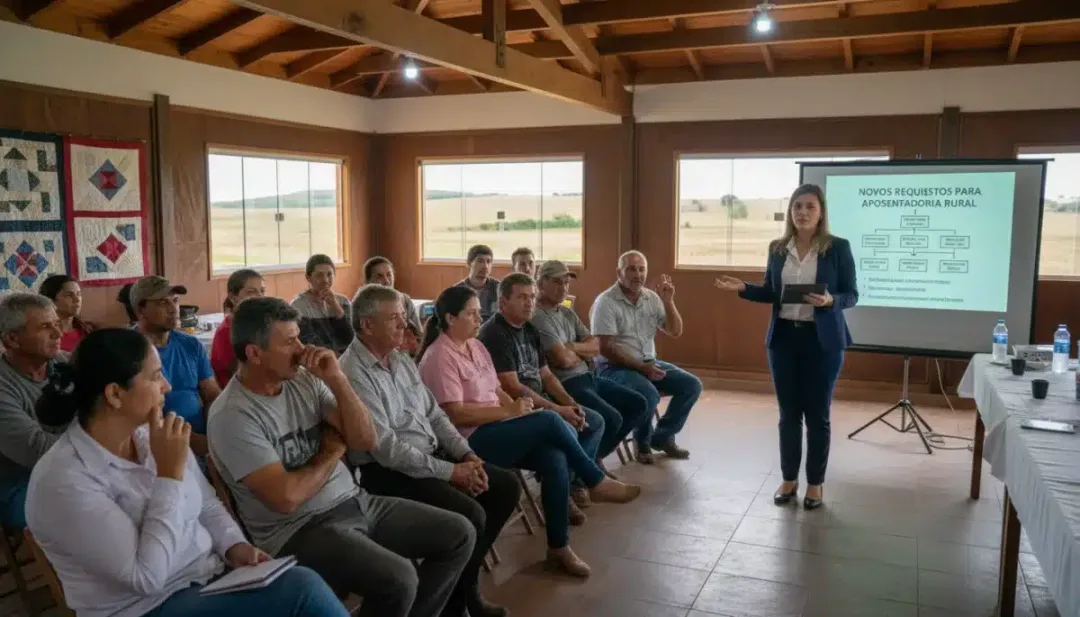 Trabalhadores rurais em reunião, recebendo orientações sobre a aposentadoria rural.