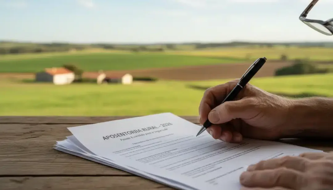 Mãos de agricultor revisando documentos de aposentadoria rural com paisagem campestre ao fundo.