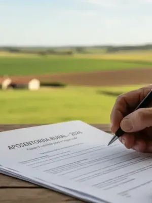 Mãos de agricultor revisando documentos de aposentadoria rural com paisagem campestre ao fundo.
