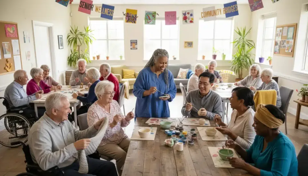 Grupo diverso de idosos participando de atividade comunitária, exemplificando o impacto positivo do apoio social.