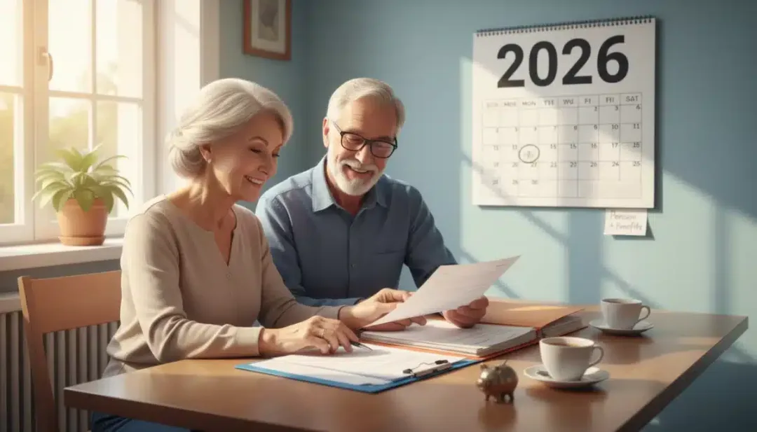 Casal de idosos sorrindo enquanto revisa documentos, com um calendário de 2026 ao fundo, simbolizando planejamento de benefícios sociais.