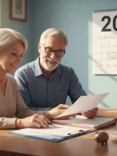 Casal de idosos sorrindo enquanto revisa documentos, com um calendário de 2026 ao fundo, simbolizando planejamento de benefícios sociais.