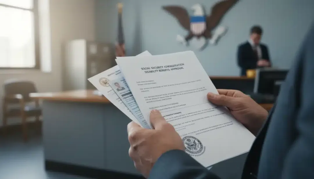 Mãos segurando documentos de benefícios PcD em ambiente de escritório governamental.