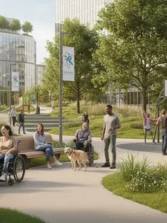 Pessoas com deficiência em um parque acessível, simbolizando inclusão e acesso a benefícios.