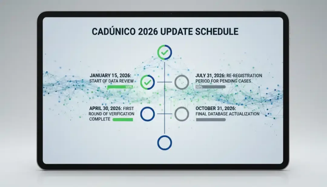 Gráfico de linha do tempo com datas importantes para a atualização do CadÚnico em 2026, destacando os prazos essenciais.