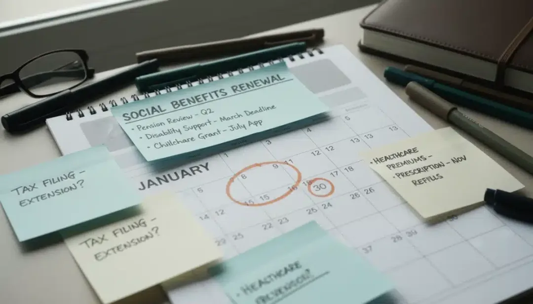Calendário destacando o ano de 2026, com anotações sobre prazos e planejamento para o BPC.
