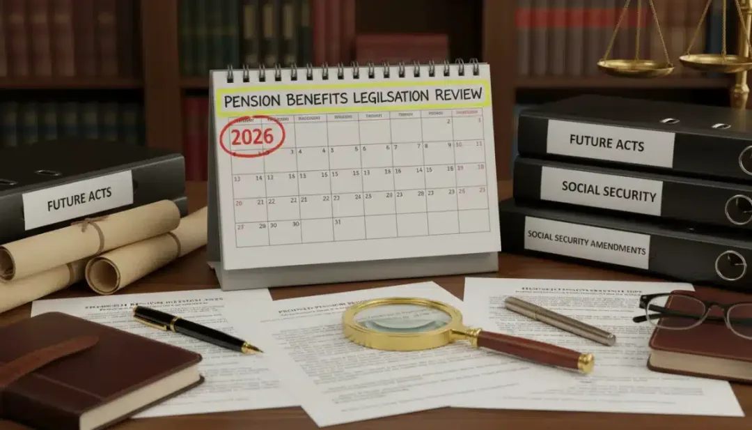Calendário destacando 2026 e documentos legais, simbolizando a análise das mudanças na Pensão por Morte.