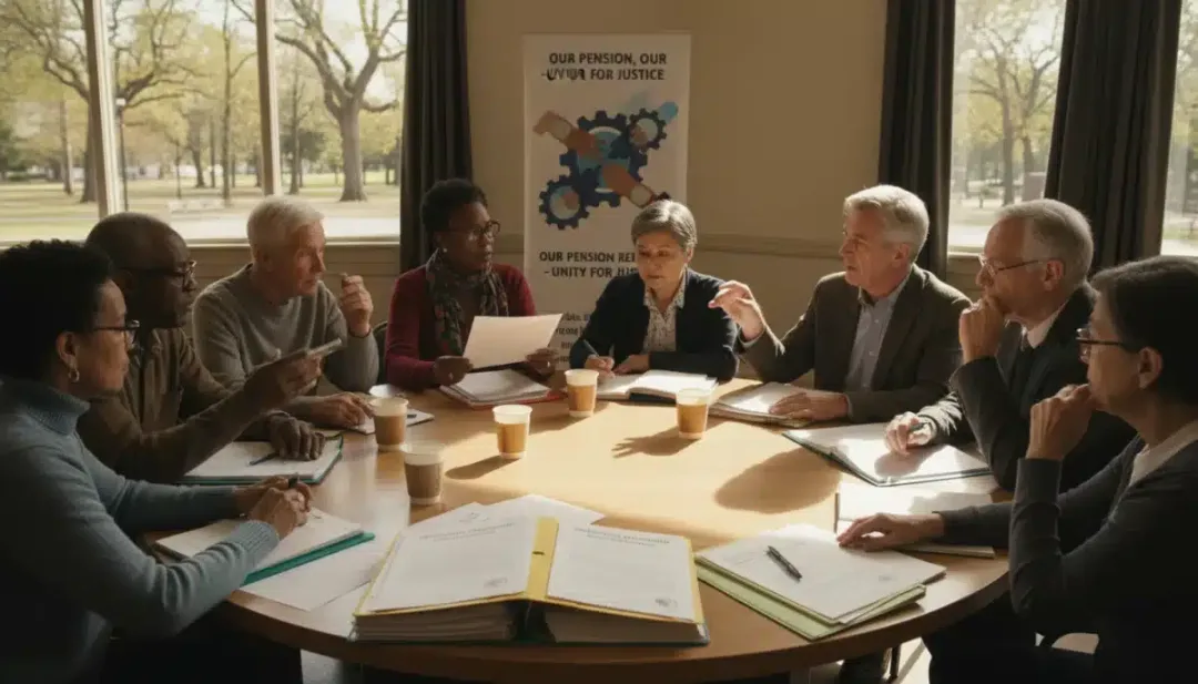 Grupo de idosos discutindo documentos, simbolizando a busca por direitos na Revisão da Vida Toda.