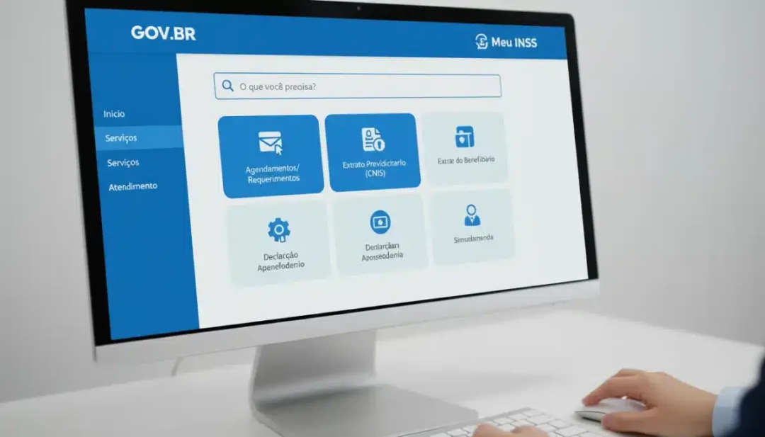 Tela do portal Meu INSS com opções de consulta e acesso a serviços previdenciários.