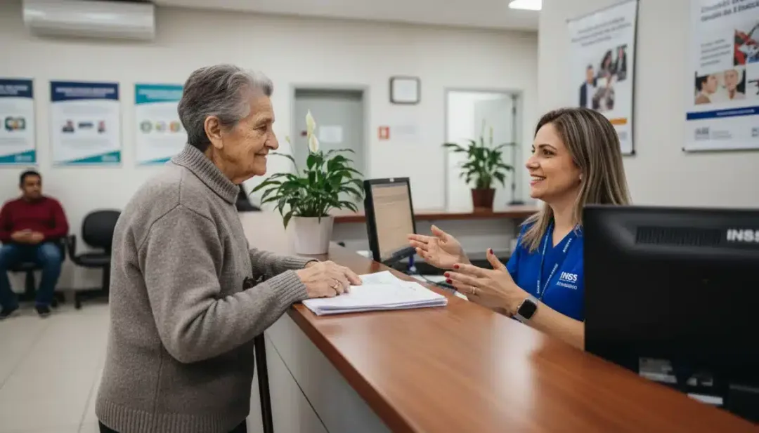 Idoso sendo atendido por funcionário do INSS em balcão de atendimento para tirar dúvidas sobre benefícios.
