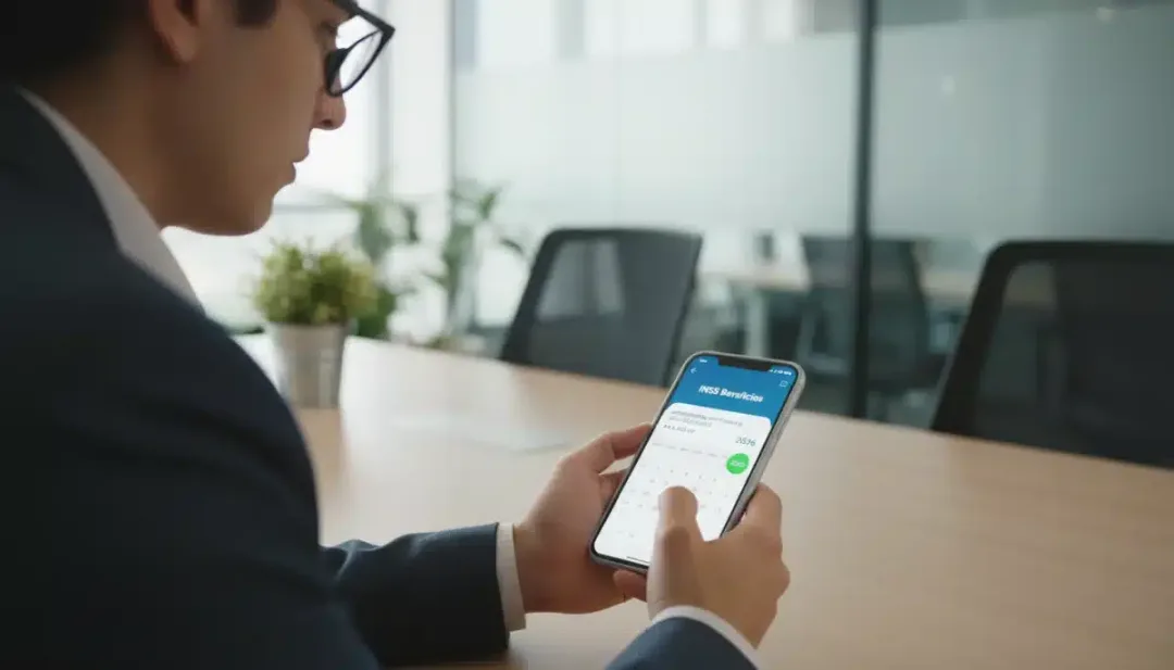 Pessoa consultando benefícios do INSS 2026 pelo celular, com tela exibindo informações previdenciárias e um calendário.
