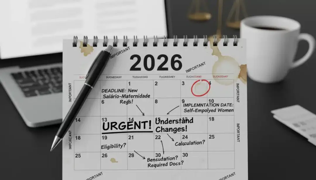 Calendário destacando o ano de 2026 e anotações sobre prazos importantes para o Salário-Maternidade de autônomas.