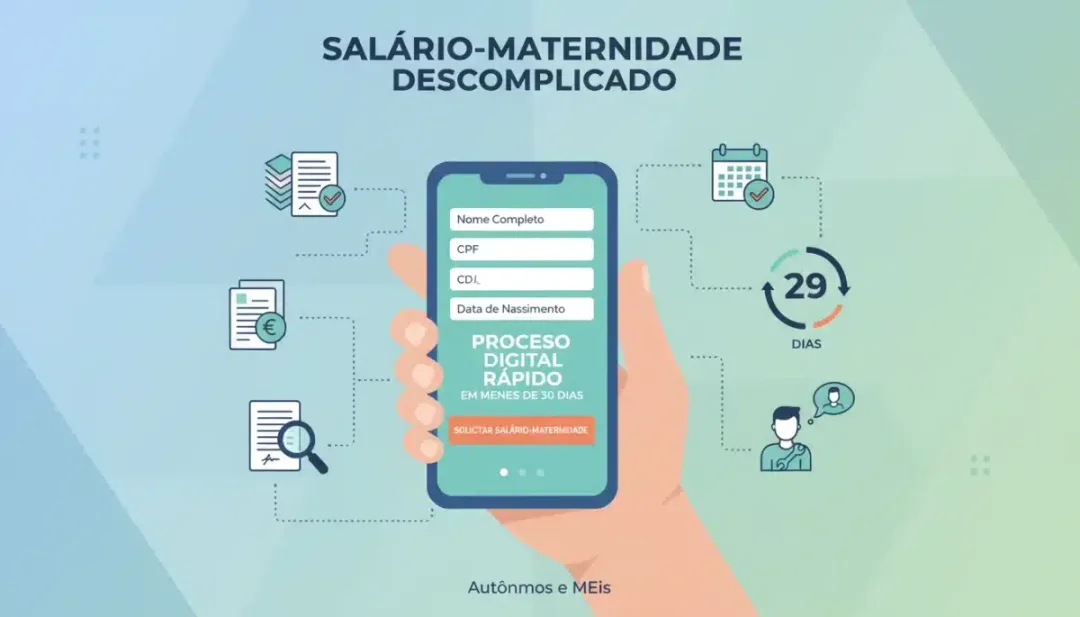 Ilustração de um smartphone exibindo formulário de solicitação de benefício, com documentos e relógio, simbolizando a agilidade na solicitação do Salário-Maternidade.