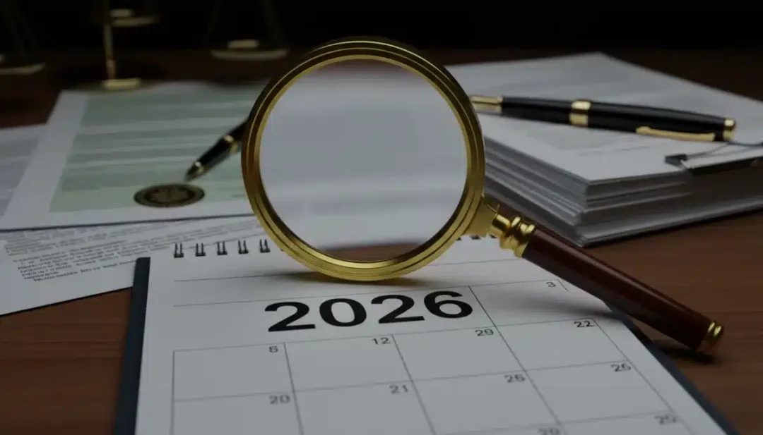 Calendário de 2026 com lupa em documentos legais sobre revisão de benefícios por incapacidade.