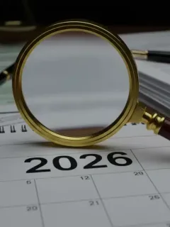 Calendário de 2026 com lupa em documentos legais sobre revisão de benefícios por incapacidade.
