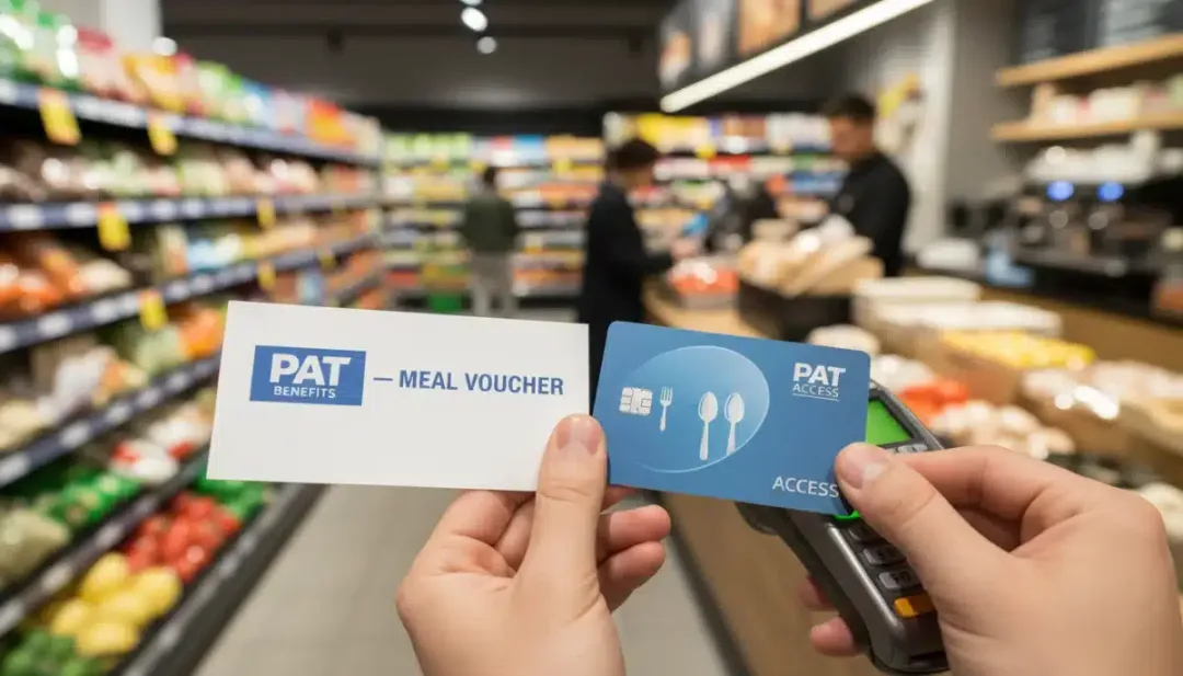 Mãos segurando um vale-refeição, representando o benefício do PAT.