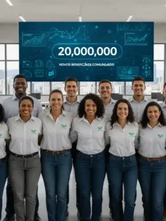Trabalhadores brasileiros sorrindo, simbolizando os 20 milhões de beneficiários do PAT 2026.