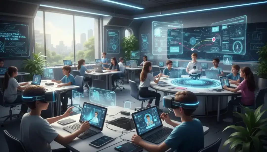 Alunos engajados com tecnologias emergentes em uma sala de aula futurista, usando óculos de realidade virtual e tablets inteligentes.