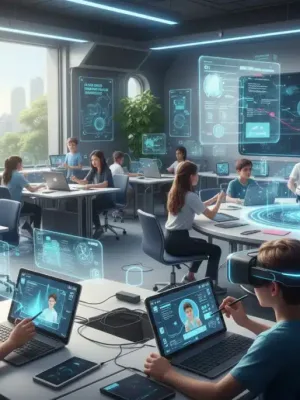Alunos engajados com tecnologias emergentes em uma sala de aula futurista, usando óculos de realidade virtual e tablets inteligentes.
