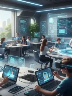 Alunos engajados com tecnologias emergentes em uma sala de aula futurista, usando óculos de realidade virtual e tablets inteligentes.