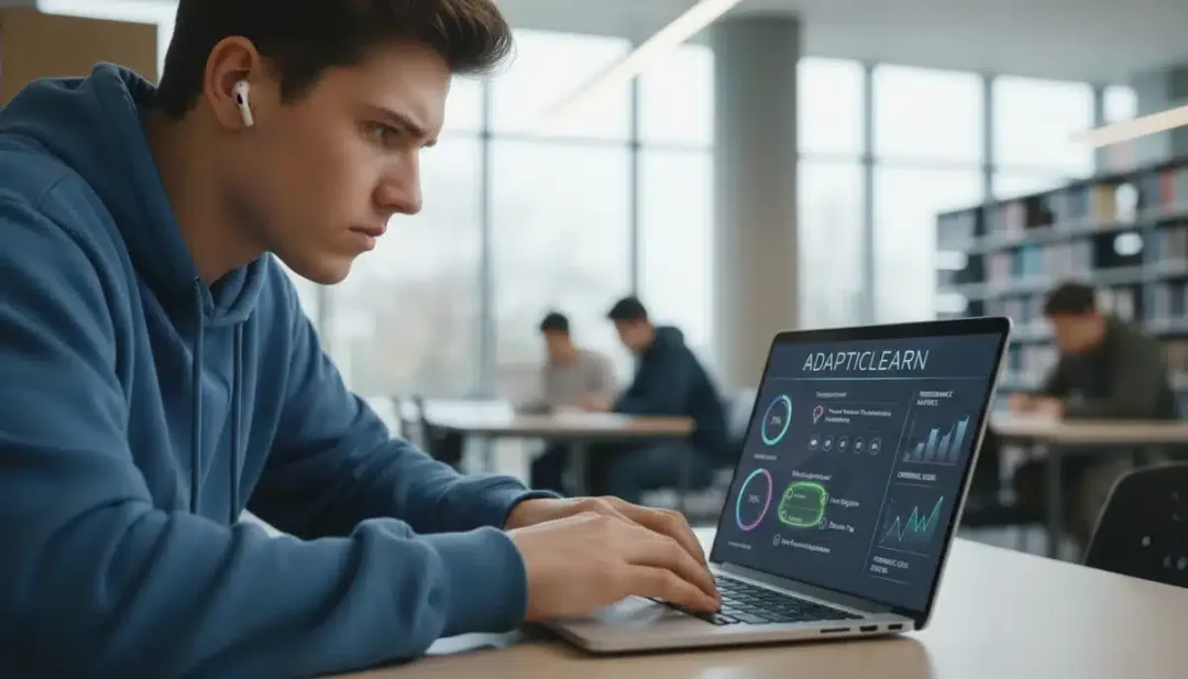 Estudante concentrado utilizando uma plataforma de aprendizado adaptativa baseada em IA em um tablet, com acompanhamento de progresso e recomendações personalizadas na tela.