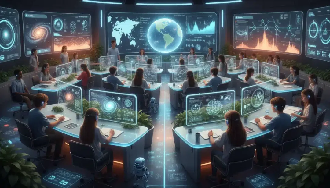 Alunos em uma sala de aula futurista interagindo com interfaces de aprendizado personalizadas por IA, com projeções holográficas e telas adaptativas exibindo conteúdo educacional sob medida.