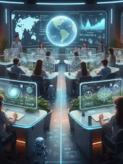 Alunos em uma sala de aula futurista interagindo com interfaces de aprendizado personalizadas por IA, com projeções holográficas e telas adaptativas exibindo conteúdo educacional sob medida.