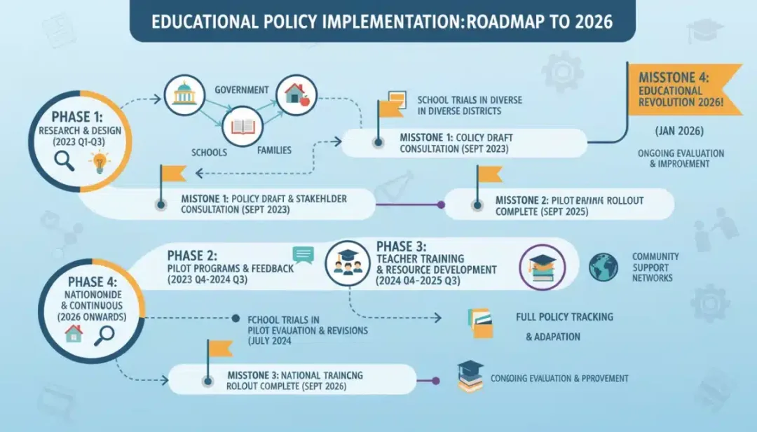 Fluxograma ilustrando as fases de implementação das novas diretrizes educacionais do MEC até 2026.