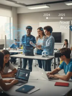 Alunos e professores engajados em uma sala de aula moderna, simbolizando as novas diretrizes do MEC para 2026.