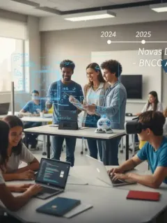 Alunos e professores engajados em uma sala de aula moderna, simbolizando as novas diretrizes do MEC para 2026.