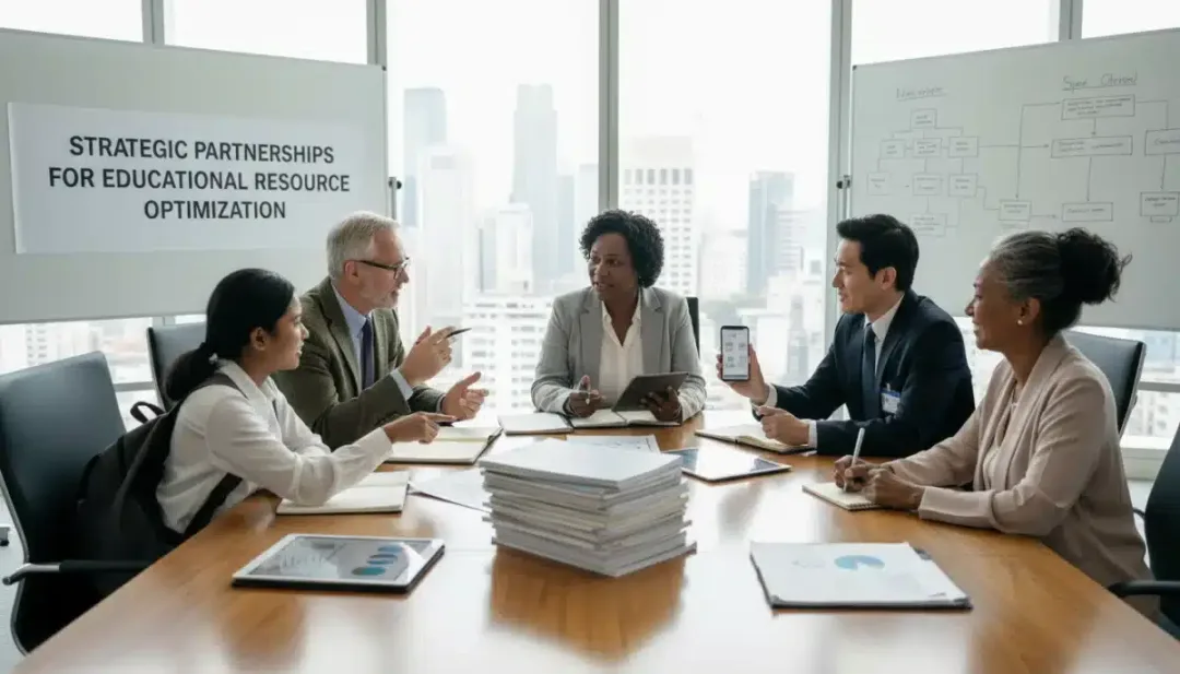 Grupo diversificado de stakeholders planejando a otimização de recursos para a educação no Brasil