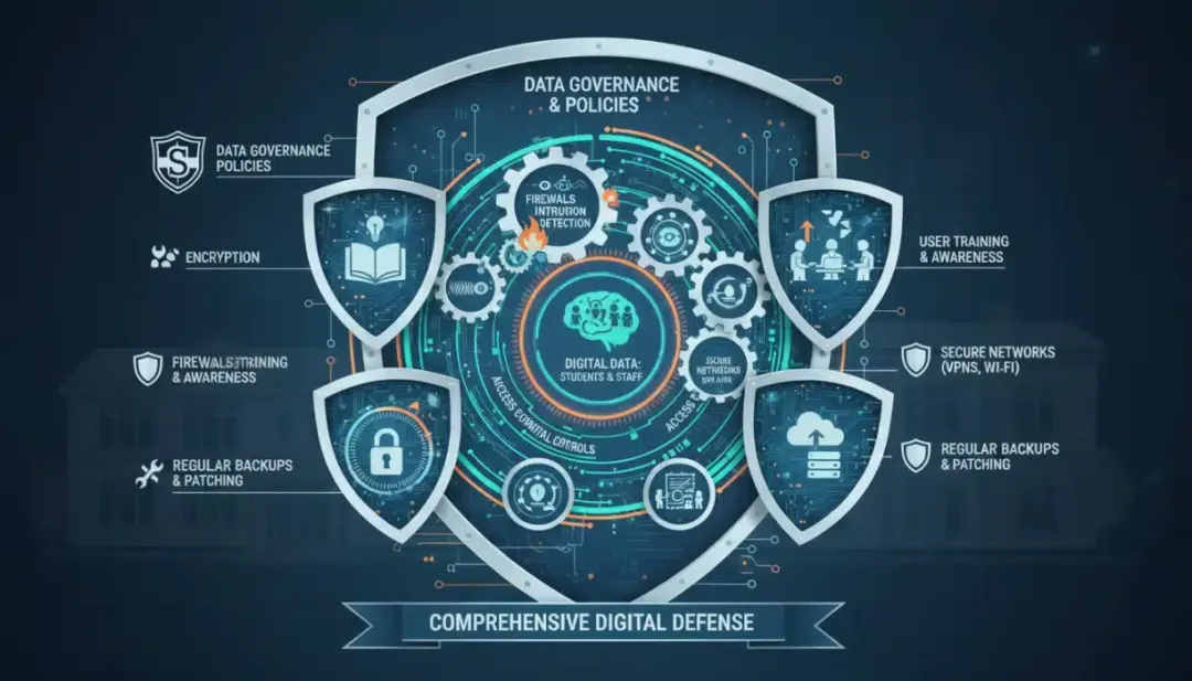 Ilustração de um sistema de defesa cibernética multicamadas para dados escolares, com firewalls, criptografia e treinamento de usuários, protegendo informações de alunos e professores.