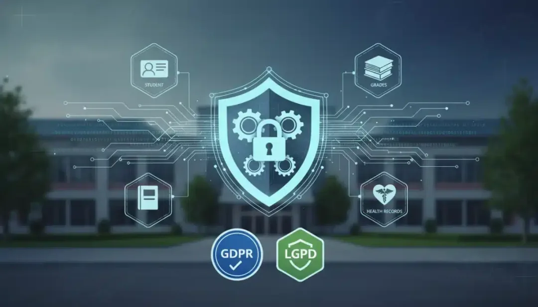 Representação visual de privacidade de dados e conformidade regulatória (LGPD) em ambiente escolar, com ícones de dados pessoais protegidos e transmitidos de forma segura.
