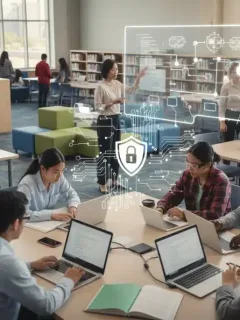 Alunos e professores utilizando dispositivos digitais em um ambiente escolar, com elementos visuais de cibersegurança e proteção de dados em 2026.