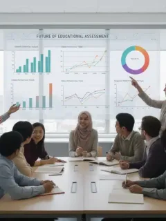 Alunos e professores analisando dados de avaliação educacional em uma tela interativa