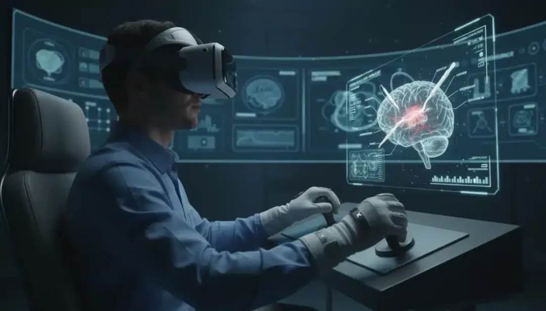 Estudante de medicina praticando cirurgia em simulador de realidade virtual com luvas hápticas.
