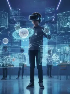 Estudante imerso em ambiente de realidade virtual na educação, interagindo com modelos 3D.