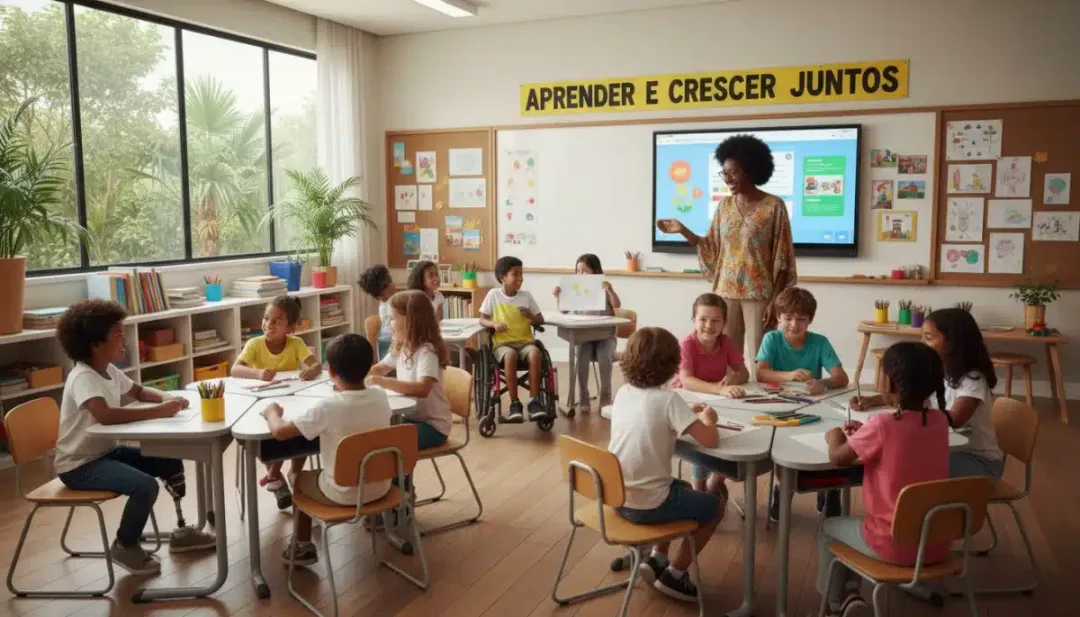 Crianças diversas, incluindo algumas com necessidades especiais, aprendendo juntas em uma sala de aula inclusiva no Brasil.