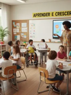 Crianças diversas, incluindo algumas com necessidades especiais, aprendendo juntas em uma sala de aula inclusiva no Brasil.