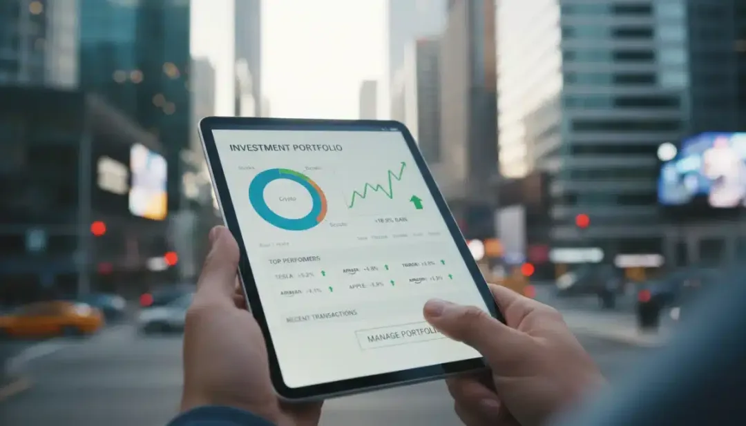 Mão segurando smartphone com aplicativo de investimento e análise de mercado de ações.